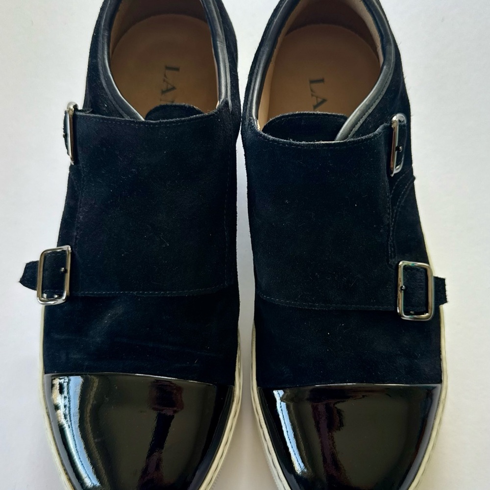 Lanvin Black Suede & Patent Leather Double Monk Slip-Ons